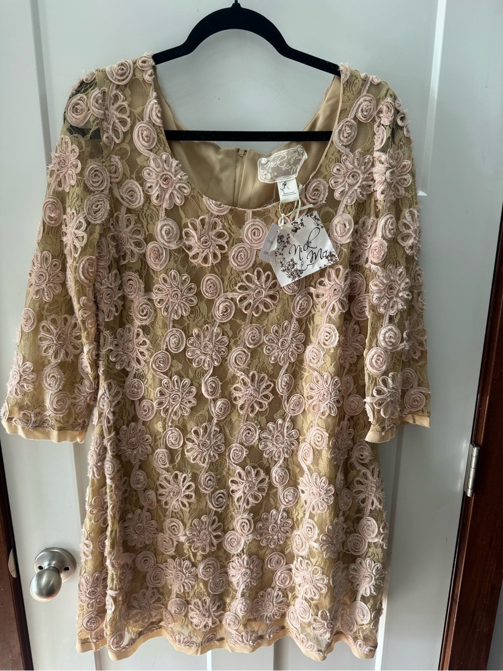 Nick & Mo Beige Dress with Blush Pink Floral Lace